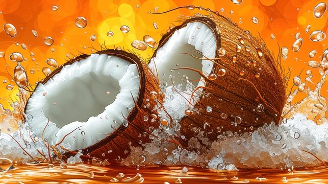  a painting of two coconuts in the water with drops of water on the ground and an orange background with a splash of water on the top of the water.