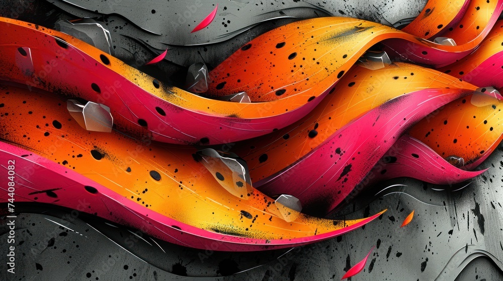 Poster a close up of an abstract painting with orange and pink curves and dots on a black and gray backgrou