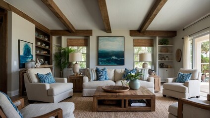 beautiful small space casual living family room soft neutral wood beams and a gorgeous grouping of swivel color fabric chairs around a striking coffee table coastal design nature freshness home