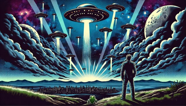 A man observing an alien invasion with UFOs descending upon a city, combined with a large frog with a halftone pattern. AI Generative
