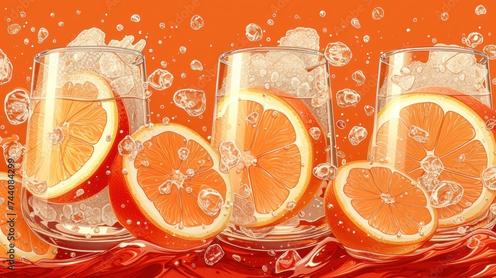 Poster a group of orange slices sitting next to each other on top of a pile of ice cubes in front of a grou