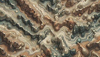 An abstract background with earthy colors and intricate contour lines resembling a mountainous topography. AI Generative