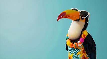 
Creative animal concept. Toucan hornbill bird vibrant bright fashionable outfits isolated on solid background advertisement, copy text space. birthday party invite invitation banner