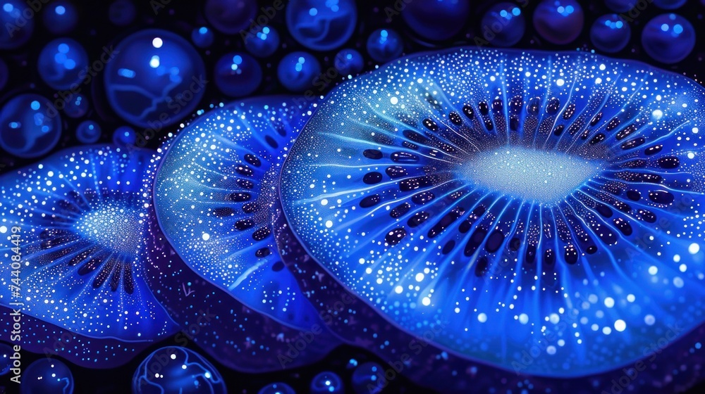 Poster a close up of a kiwi fruit on a black background with drops of water on the bottom of the kiwi and t