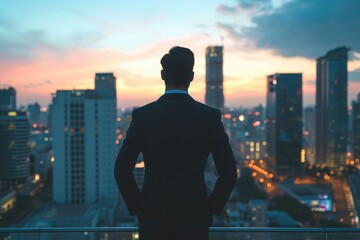 Fototapeta na wymiar A professional man wearing a suit stands on a terrace overlooking a bustling cityscape, deep in thought, Male businessman standing at a high-rise building's rooftop, AI Generated