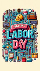 Illustration for a Labor Day flyer in a vertical format, showcasing a large, colorful 'Happy Labor Day' text in the center. AI Generative