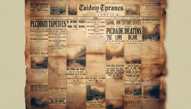 A photo capturing the authentic aged and grungy appearance of a vintage newspaper with faded text, creases, tears, and ink smudges. AI Generated