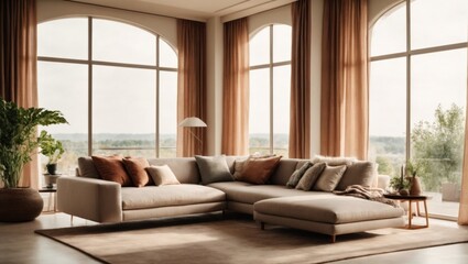 beautiful home interior design space living room with open window daylight cosy lifestyle design decorative element with soft touch eco friendly material finishing open space plan home background