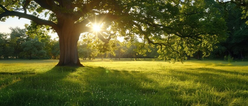 the sun shines through the leaves of a large tree in the middle of a grassy field with trees in the background.
