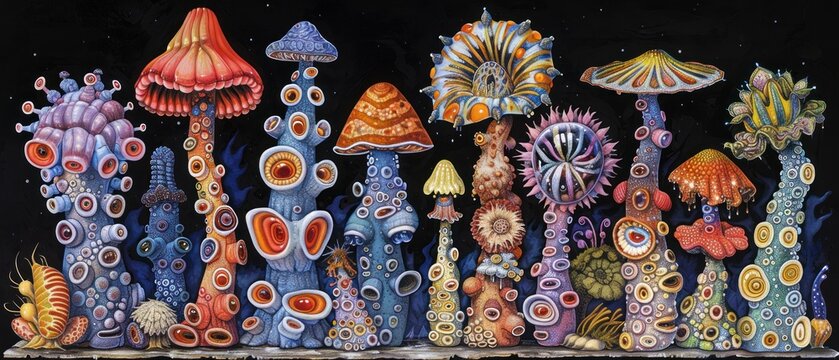 a painting of a group of different colored sea anemones and sea urchins on a black background.