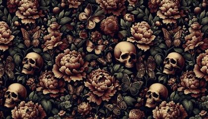 A photo presenting a rich, deep-colored design that blends skulls, butterflies, and peonies, creating a unique and slightly gothic aesthetic. AI Generated