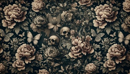 A photo interpretation showcasing peony flowers, delicate butterflies, and subtle skull motifs set against a dark background. AI Generated
