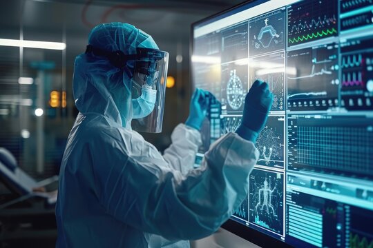 A man wearing a protective suit and goggles diligently works on a computer screen, Medical professionals using biotech interfaces, AI Generated