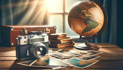 A vintage camera setup with a globe and old photographs. AI Generative