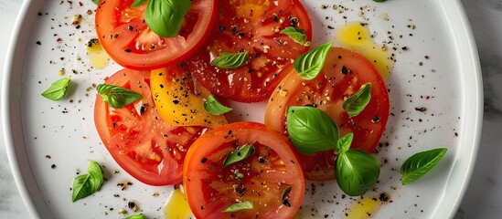 A white plate is showcased with thinly sliced tomatoes arranged neatly, garnished with fragrant basil leaves. The vibrant colors and textures of the tomatoes and basil provide an appetizing display.