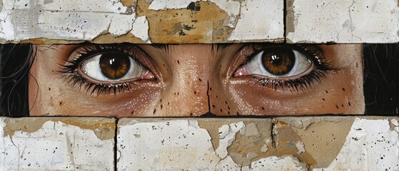 a close up of a person's eye through a hole in a brick wall with paint peeling off of it.