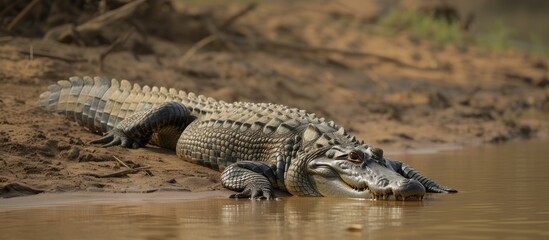 A big crocodile suns itself on the Ruaha Rivers banks, utilizing efficient heat retention in its scutes to stay warm even in cloudy weather.