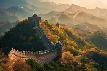 The Great Wall of China With Majestic Mountains in the Background, Mesmerizing view of the Great Wall of China, AI Generated