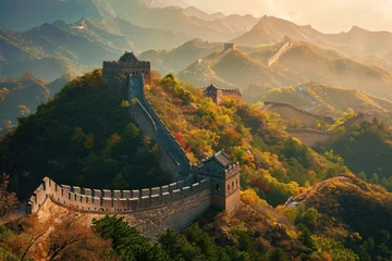 Papier Peint photo autocollant Mur chinois The Great Wall of China With Majestic Mountains in the Background, Mesmerizing view of the Great Wall of China, AI Generated