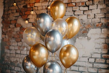 A vibrant collection of balloons suspended in the air, adding a burst of color to a festive event, Metallic gold and silver balloons displayed on the wall, AI Generated