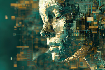 A digital human profile made of circuit board patterns, representing the fusion of technology and humanity in a cybernetic concept