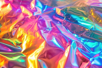 A detailed close up view of a reflective surface displaying a shiny metallic texture, Metallic rainbow holographic texture for a futuristic-looking background, AI Generated