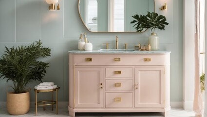 The soft pastel color on this bathroom vanity brings a touch of modern beach house interior design to this space. house beautifully it pairs with the brass faucet and fixtures home design ideas