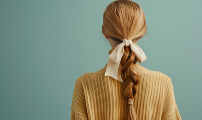 back view of a blonde woman with a braid tied with a cream ribbon bow on a light background , copy space for text