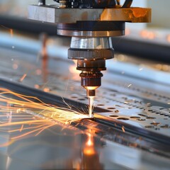 A laser cutting machine precisely slices through metal, emitting a shower of bright sparks in an industrial setting.