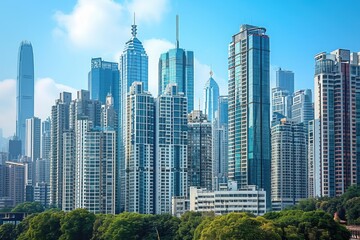 Naklejka premium An aerial photo capturing the vibrant energy and towering skyscrapers of a large city, Metropolis skyline showcasing unique architectural designs of skyscrapers, AI Generated