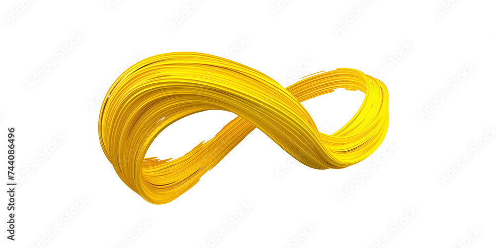Poster twisted 3d rendering shape, yellow brush stroke isolated on transparent background