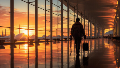 Blurred photo. A group of people walks through the airport. Travel concept