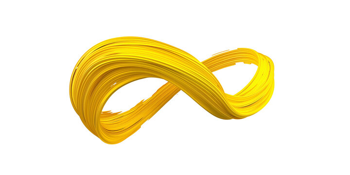 Twisted 3d rendering shape, yellow brush stroke isolated on transparent background