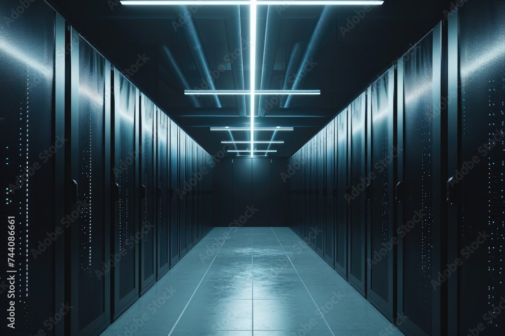Poster a photo showcasing numerous rows of high-tech servers diligently processing and managing computing t