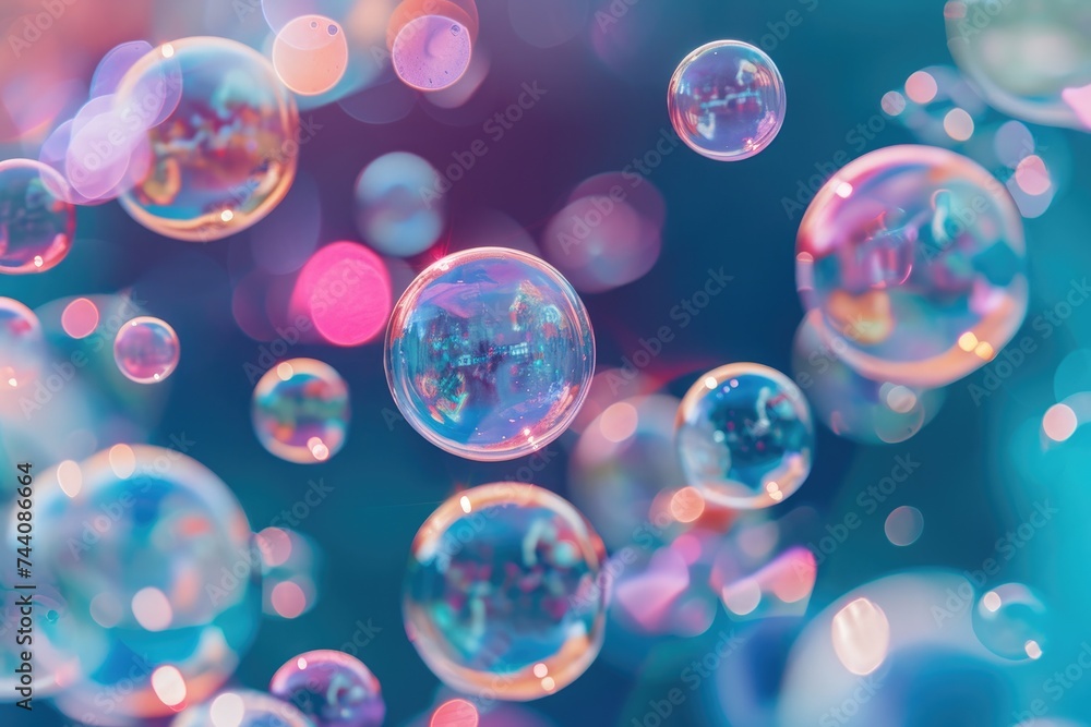 Poster numerous soap bubbles of various sizes floating in mid-air, creating a vibrant and dynamic scene, mi
