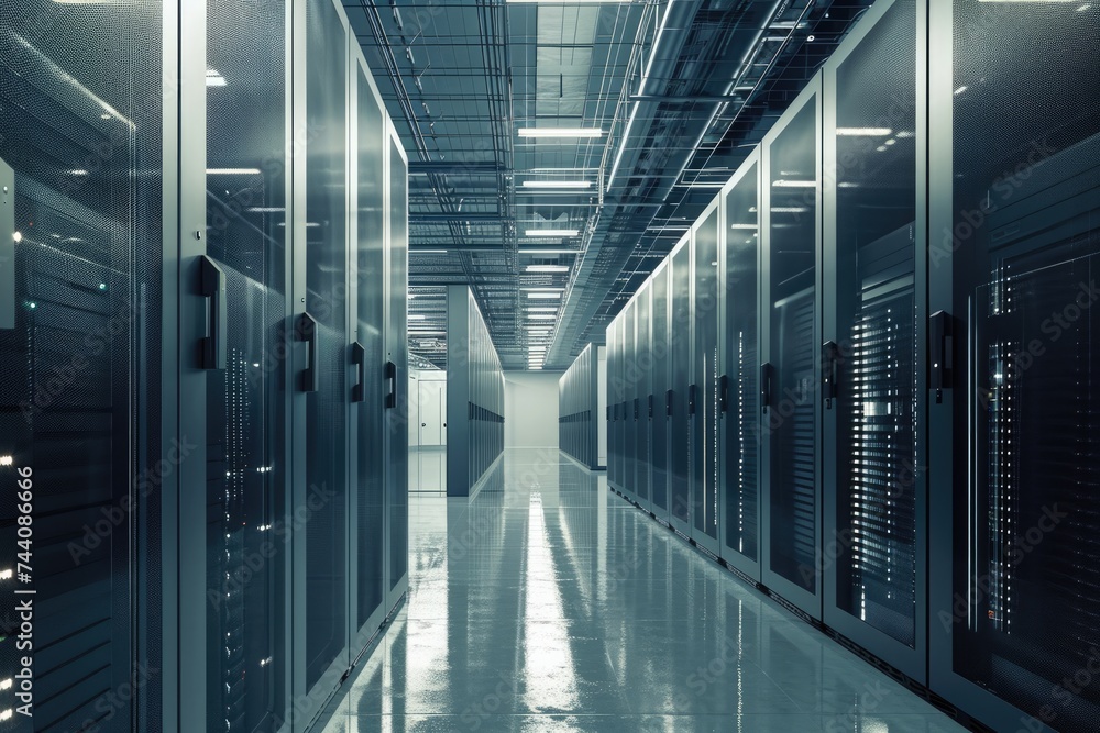 Poster a photograph showcasing neatly arranged rows of high-tech servers in a modern and efficient data cen
