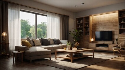 home interior design concept with cosy living room design by farm house scheme concept living room with wooden decorate light from window sofa and comfort ambient atmoshere home design