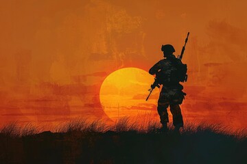 Obraz na płótnie Canvas A soldier standing in silhouette with a rifle in hand against the backdrop of a vibrant sunset, Minimalistic illustration of a Special Forces soldier silhouette at sunset, AI Generated