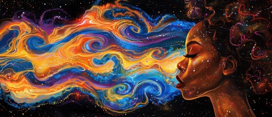a painting of a woman's face with colorful swirls and stars in the background and a black background. - obrazy, fototapety, plakaty
