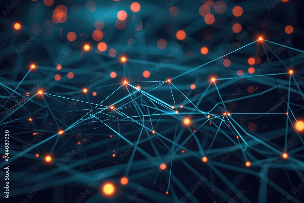 Poster A mesmerizing network of brightly illuminated lights against a dark backdrop, creating a visually captivating scene, Minimalistic visualization of data transmission through a network, AI Generated