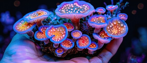 a close up of a person's hand holding a small group of purple and red mushrooms in the dark.