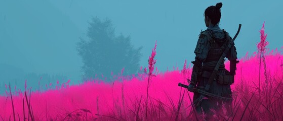 a person standing in a field of tall grass with a gun in their hand and a pink sky in the background.