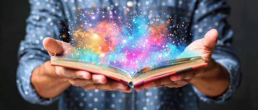 a person holding a book in their hands with a colorful light coming out of the book in front of them.