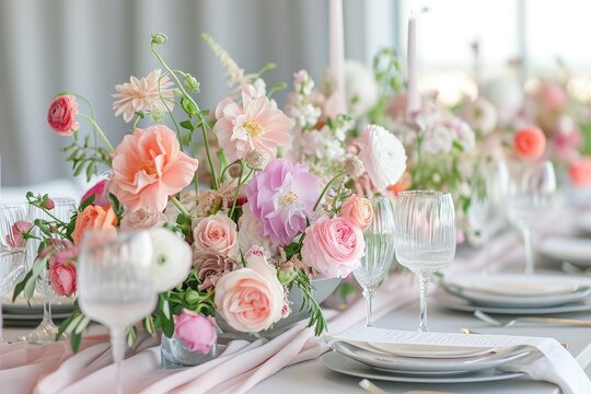 A wooden table with a white tablecloth is adorned with a vase filled with fresh flowers, creating a vibrant centerpiece, Modern wedding with pastel colors, AI Generated