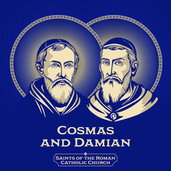 Saints of the Catholic Church. Cosmas and Damian (3rd century) were two Arab physicians and early Christian martyrs. - obrazy, fototapety, plakaty
