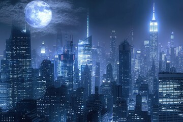 A cityscape illuminated by artificial lights stands beneath a clear night sky with a full moon shining brightly, Moonlit city skyline featuring myriad skyscrapers, AI Generated