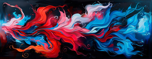 a painting of red, white, and blue swirls on a black background, with a black border around it.