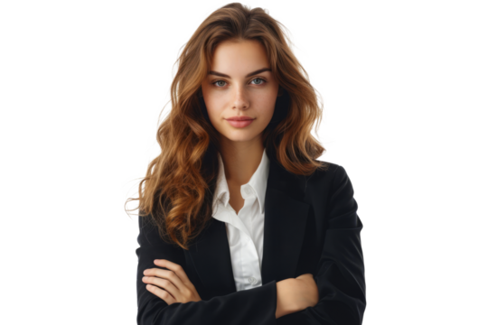 Portrait of beautiful confident woman with crossed arms looking at camera. Female entrepreneur posing on white background