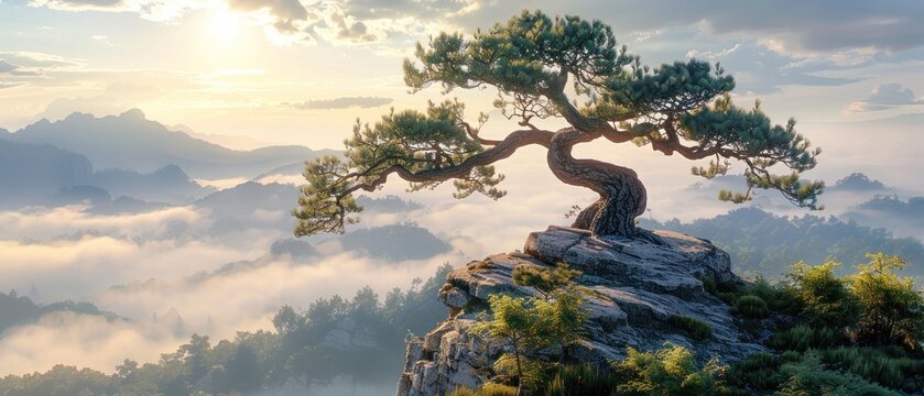 a bonsai tree on top of a cliff in the middle of a foggy valley with mountains in the background.