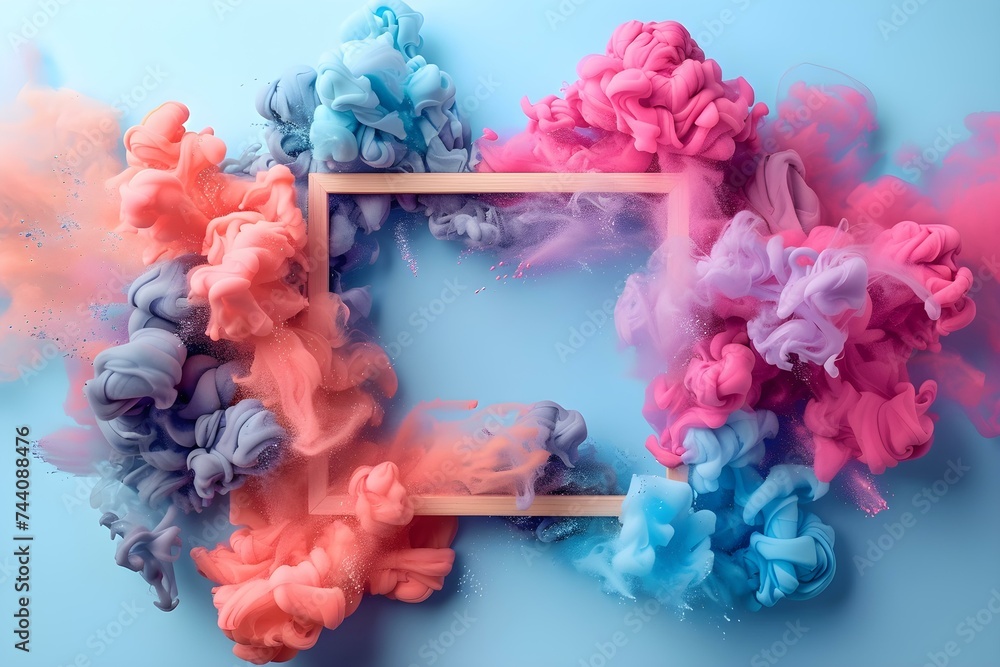 Poster explosive paint surrounding an empty frame for product showcasing. concept product display, explosiv